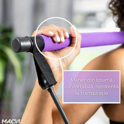 Bara Fitness Macvi® cu Benzi Elastice Reglabile, Multifunctionala pentru Antrenamente Complete, Rezistenta Ajustabila, Culoare Mov