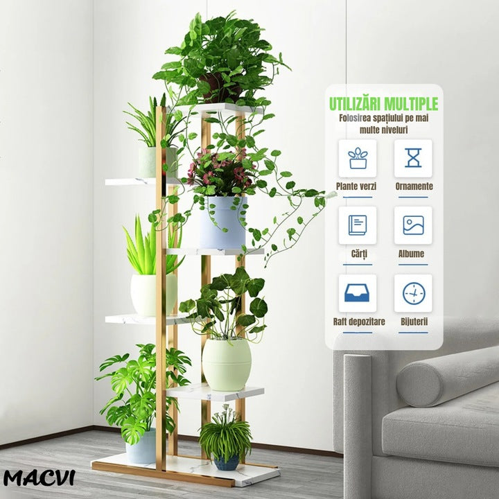 Suport ghivece flori si plante Macvi® cu 6 rafturi, design modern alb si maro, cadru metalic stabil, 113x60x20 cm, pentru interior si exterior