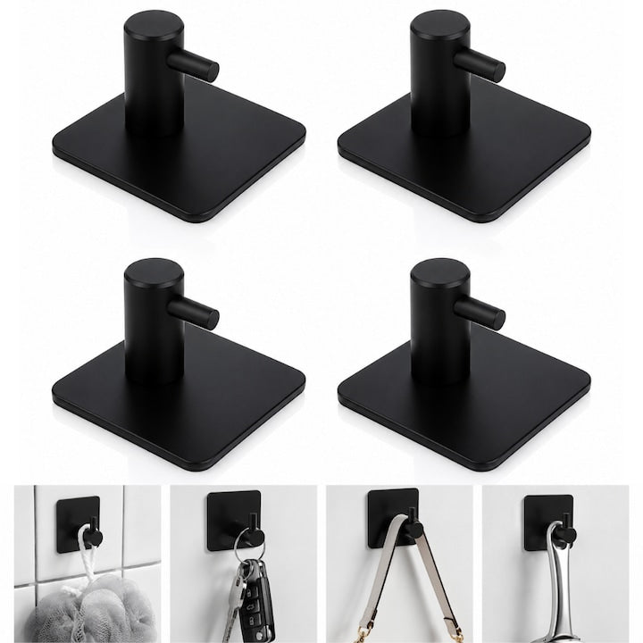 Set 4 cuiere de perete Macvi® din otel inoxidabil, montaj fara gaurire, negre, rezistente la umiditate, pentru baie si hol