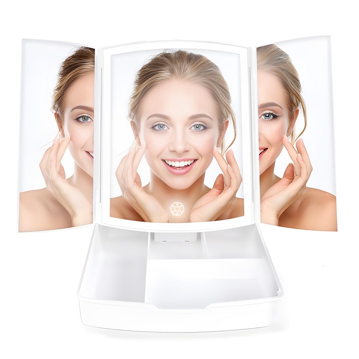 Oglinda Cosmetica Teno®, iluminare LED, pliabila, suport pentru machiaje, reincarcabila, usor de transportat, portabila, materiale calitative, alb