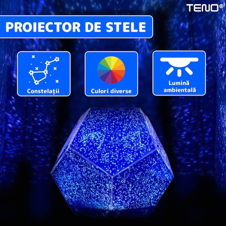 Lampa de Veghe Teno®, proiector de stele si constelatii, rotativ, inclinabil, constelatii, 3 culori, albastru, alb, galben, lumina de noapte, arie mare de acoperire, 25 x 12 cm, negru