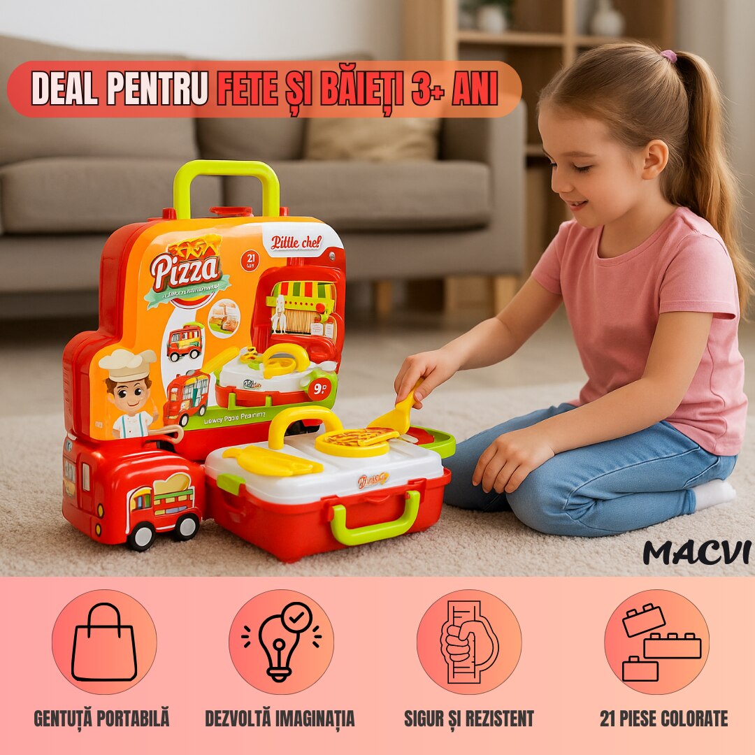 Set de jucarie Bucatarie portabila Macvi®, masinuta 2 in 1, 21 piese, cuptor functional si accesorii de gatit, rosu, 3+ ani