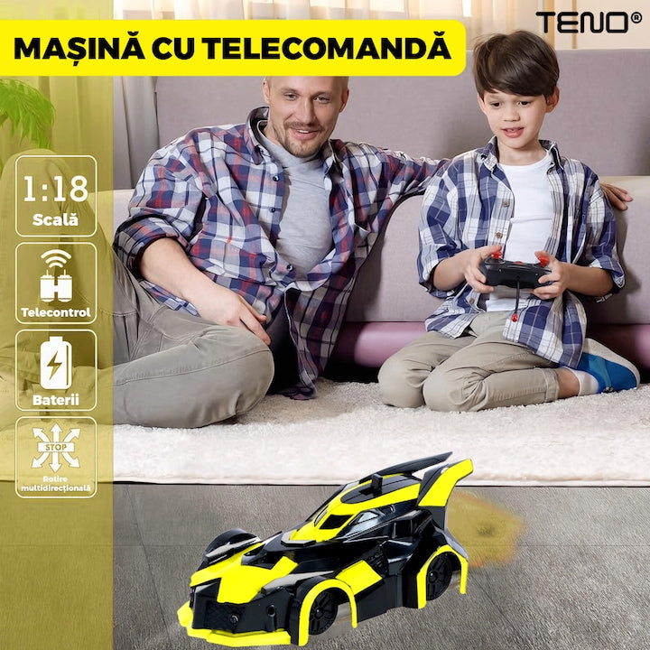 Masinuta Antigravitationala cu Telecomanda Teno®, urcare pe pereti si tavan, compatibila cu orice suprafata, rotire 360 de grade, senzor infrarosu, incarcare cu port USB, telecomanda intuitiva, galben/negru