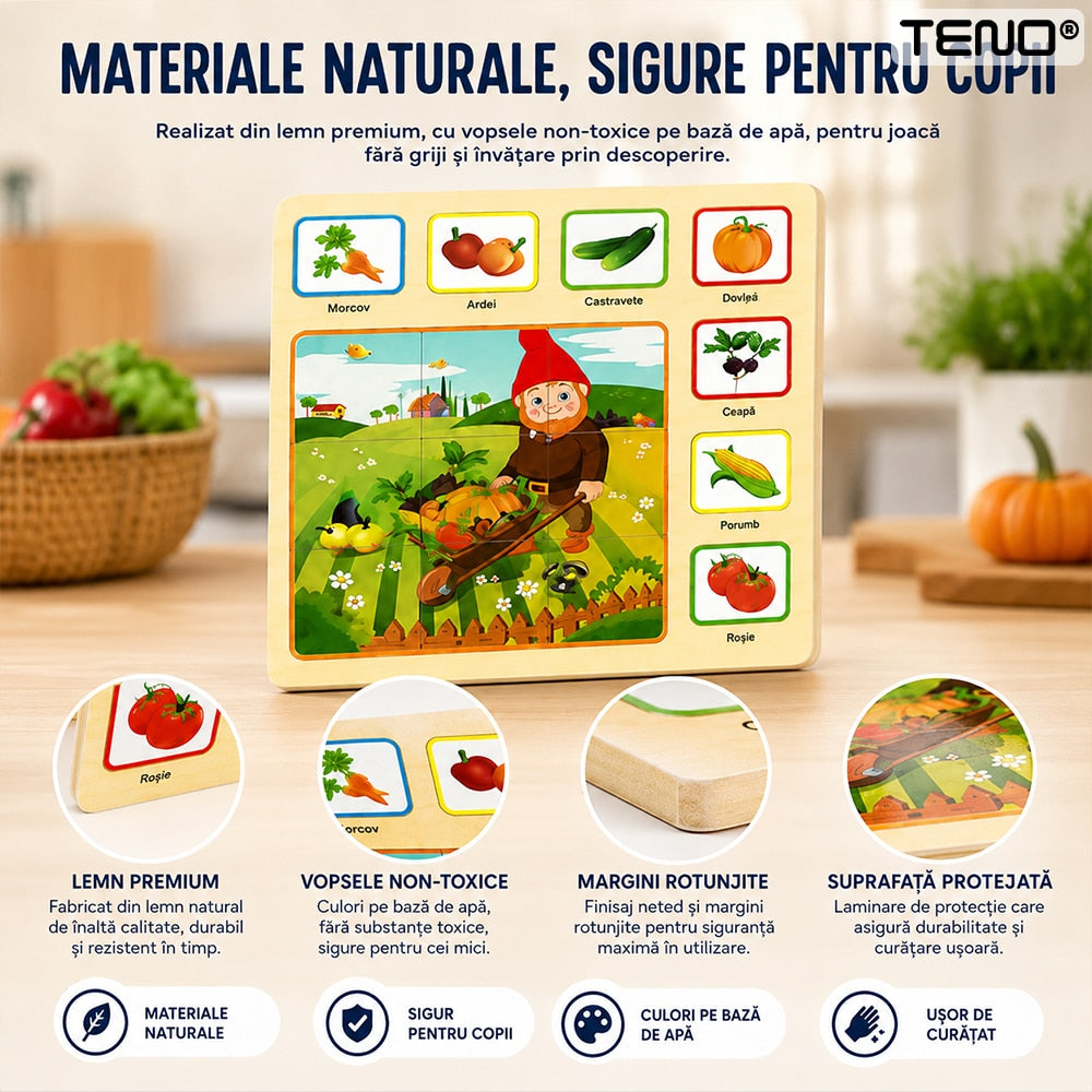 Set 6 Tablite Educationale Montessori Teno®, puzzle inteligent, diverse teme, din lemn, culori vibrante, dezvoltare cognitiva/inteligenta, multicolor