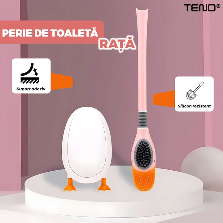 Perie pentru Toaleta Ratusca Teno®, din silicon, model adorabil, carcasa ou, suport adeziv montabil pe orice suprafata, 2 capete, capat cioc din silicon, capat cu peri pentru pete, roz