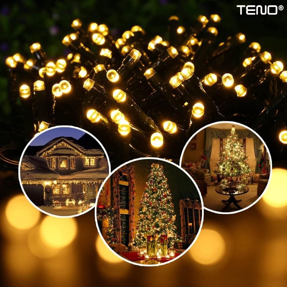 Instalatie de Craciun Liniara cu Panou Solar Teno®, 10 m, 8 jocuri de lumini, alimentare la priza, fir verde, interior/exterior, rezistenta la apa, 100 LED-uri, alb cald