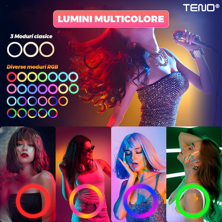 Lampa Circulara Ring Light Teno®, Diametru 35.6cm/14 Inch, moduri RGB, 10 trepte reglaj, trepied 210 cm, suport triplu telefon, compatibilitate universala, multicolor