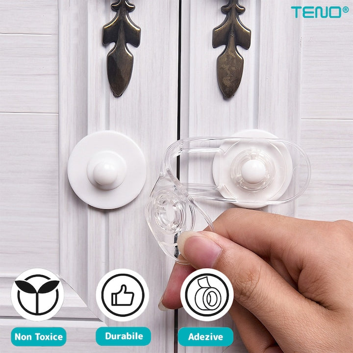 Set 7 x Siguranta Usi Copii Teno®, sistem de blocare usi/sertare/duapuri, ajustabile pe lungime, adeziv puternic, anti-deschidere accidentala, transparent