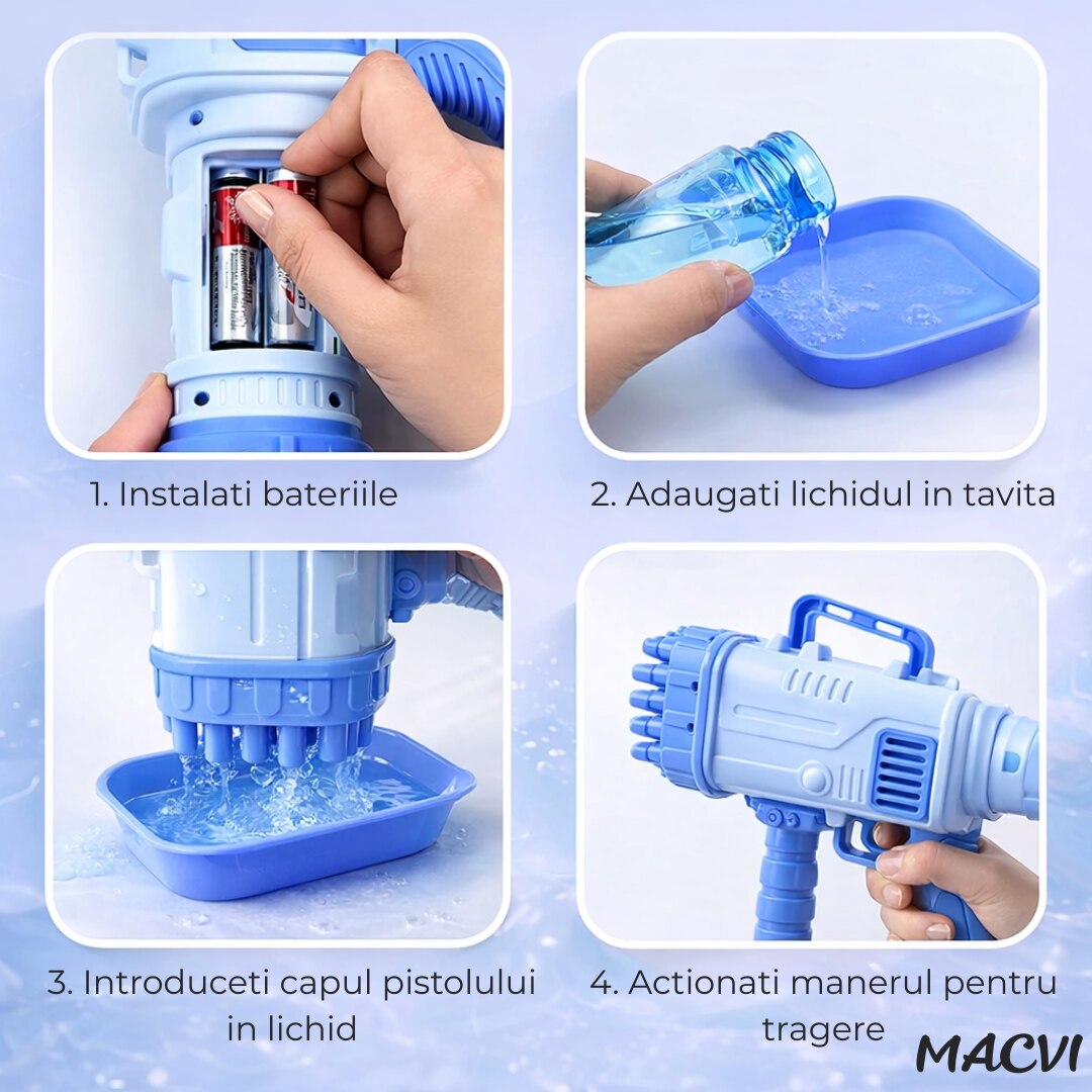 Pistol Baloane Sapun 32 Duze Macvi® tip Bubble Gun cu baterii(neincluse), Ventilator, Albastru