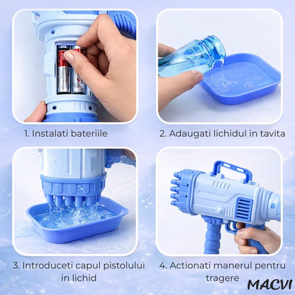 Pistol Baloane Sapun 32 Duze Macvi® tip Bubble Gun cu baterii(neincluse), Ventilator, Albastru