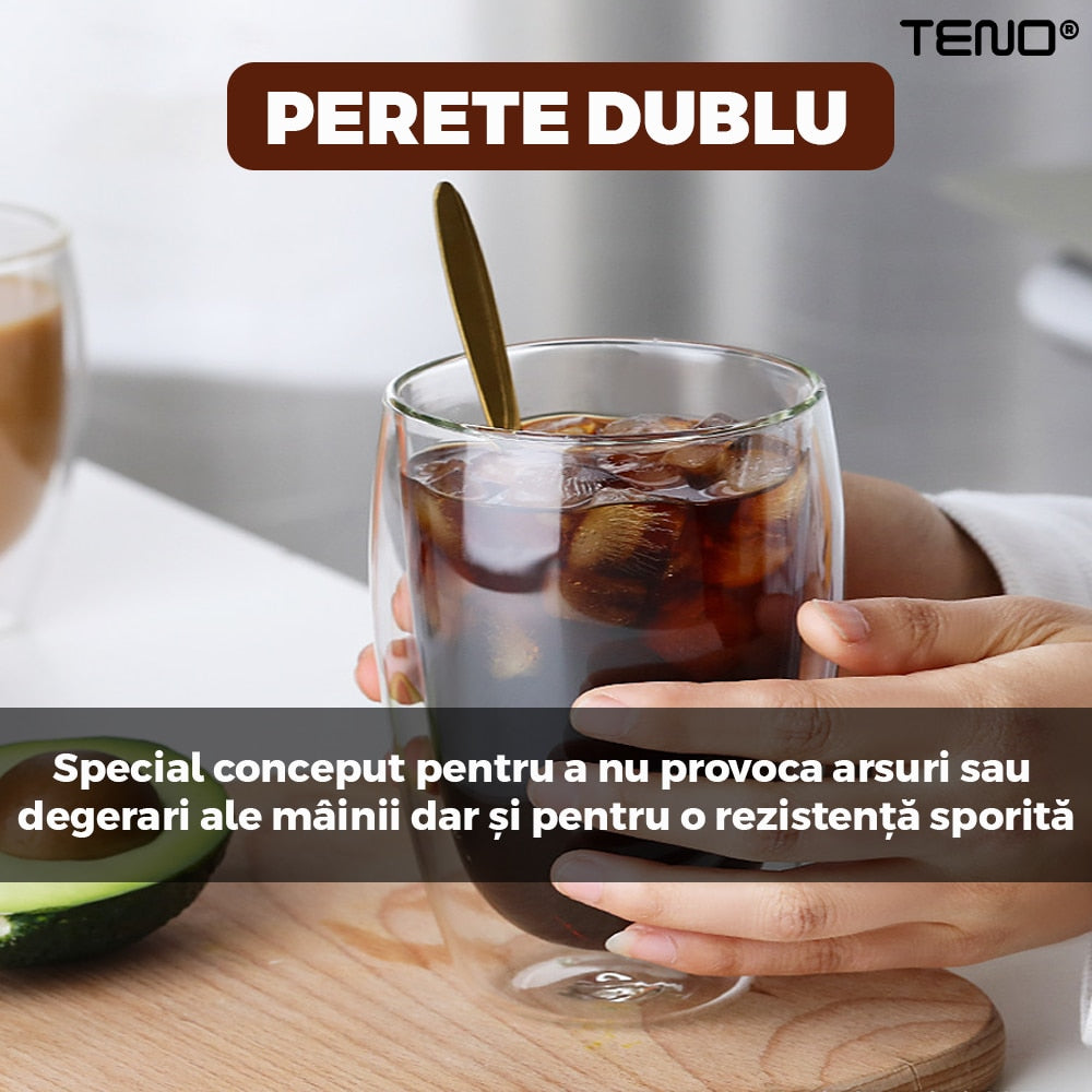 Set 4 Pahare din Sticla cu Perete Dublu Teno®, termorezistente, design modern, capacitate 250 ml, 9 x 8 cm