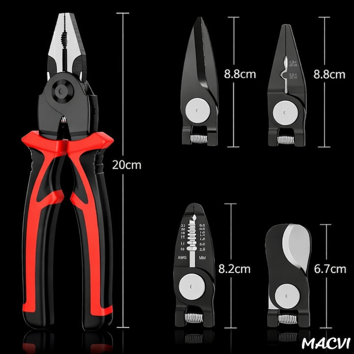 Set 5 in 1 patent multifunctional Macvi®, din otel, taietor cablu, dezizolator, cleste, sertizare, taietor, foarfeca, cu husa de depozitare, maner anticurentare si design ergonomic