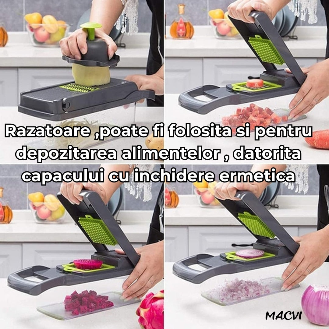 Razatoare Multifunctionala 15 in 1 Macvi®, 20 Piese, 13 Tipuri de Feliere, Ideala pentru Fructe, Legume si Branzeturi, Otel Inoxidabil, Verde/Gri