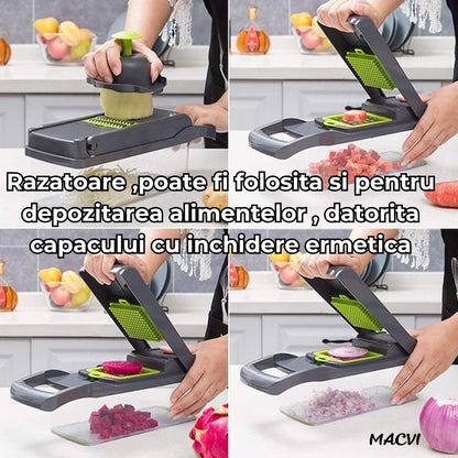Razatoare Multifunctionala 15 in 1 Macvi®, 20 Piese, 13 Tipuri de Feliere, Ideala pentru Fructe, Legume si Branzeturi, Otel Inoxidabil, Verde/Gri