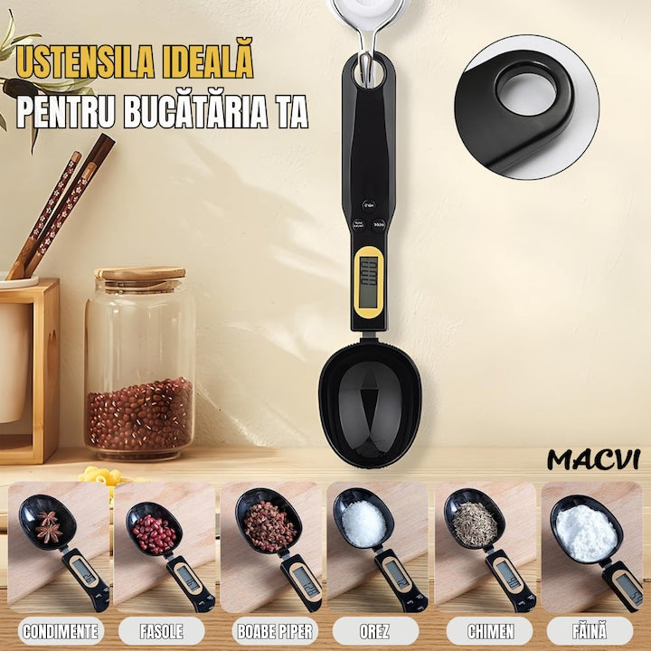 Lingurita de masurat digitala Macvi®, capacitate 500 g, precizie 0.1 g, cu afisaj LCD, pentru ingrediente solide si lichide, Negru