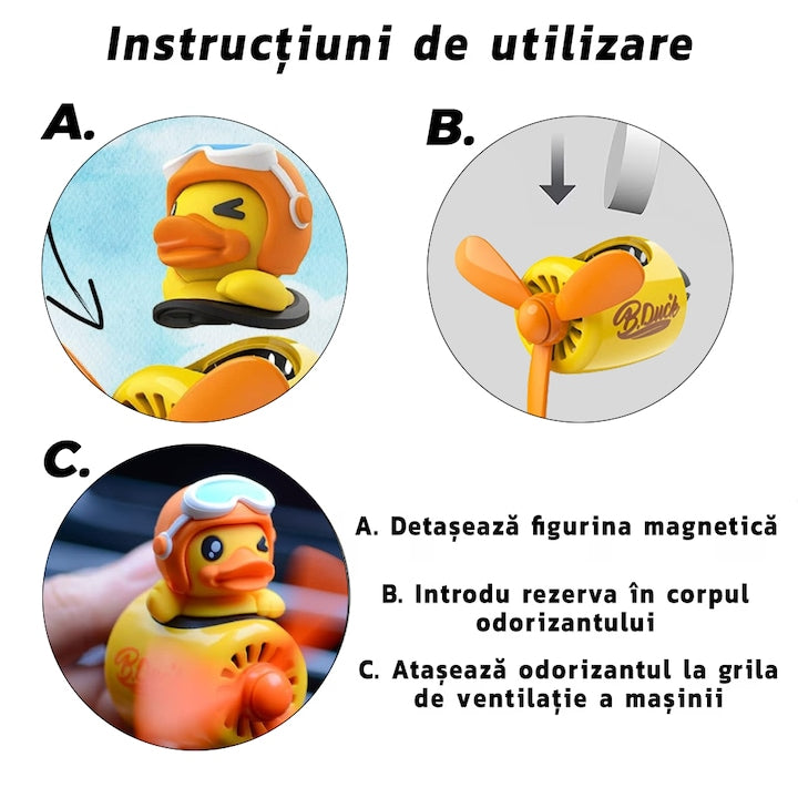 Difuzor Auto Aromaterapie Teno® car pilot yellow duck, kit odorizant, 2 arome cu extracte naturale incluse