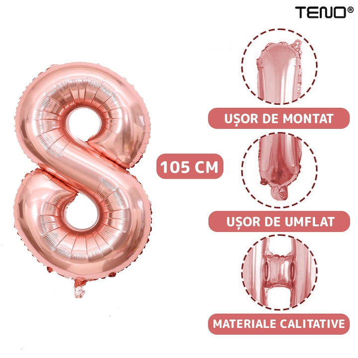 Set 2 Baloane Cifra 18 Teno®, pentru Petreceri/Aniversari/Evenimente/Majorate, 105 cm, rose gold