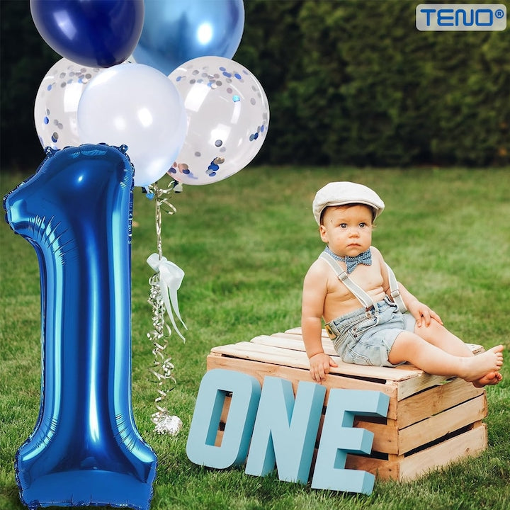 Set 12 Baloane Teno®, Cifra 1, pentru Petreceri/Aniversari/Evenimente, Stea/Rotunde/Confetti, 3 culori, latex, albastru