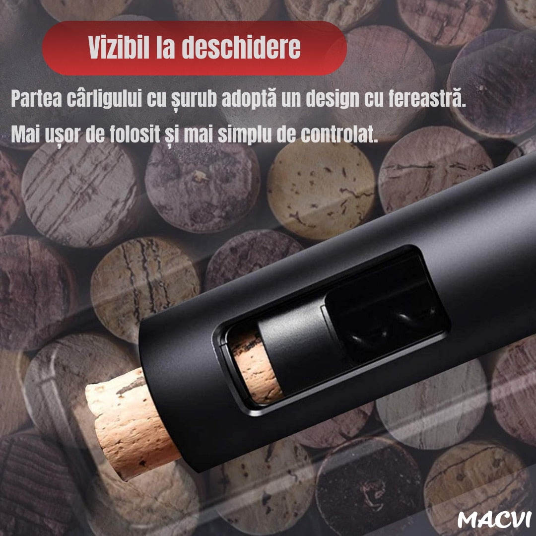 Set deschizator Macvi® 2-in-1 pentru vin, tirbuson profesional cu taietor folie, dop vacuum si aerator, design ergonomic, argintiu