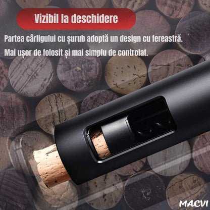 Set deschizator Macvi® 2-in-1 pentru vin, tirbuson profesional cu taietor folie, dop vacuum si aerator, design ergonomic, argintiu