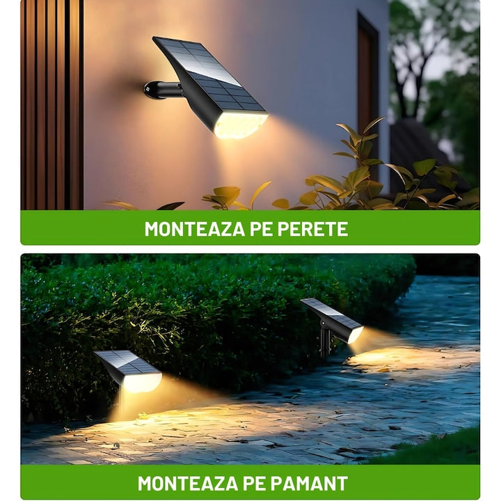 Set 4 Lampi Solare Exterior Macvi® cu Senzor Miscare 3 Moduri LED IP65 Alb Cald pentru Gradina Curte Alei Negru Descriere