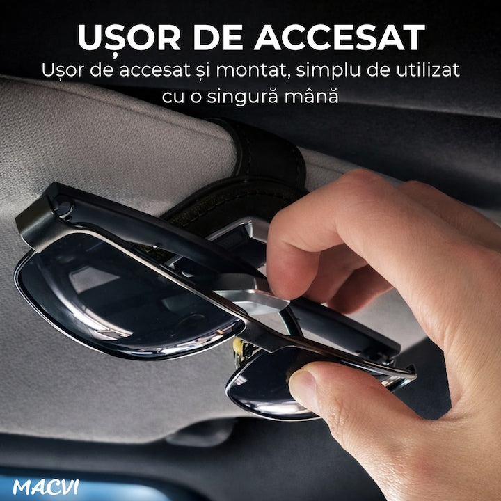 Suport ochelari auto Macvi®, prindere la parasolar, piele si aluminiu, 5x10 cm, negru