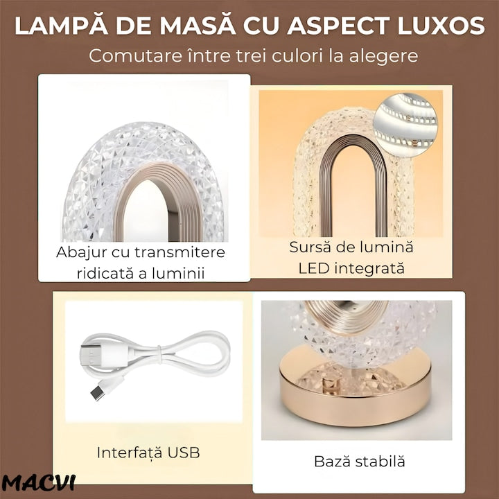 Lampa de masa Macvi® tip cristal eleganta, 3 culori, control touch, reincarcabila prin USB, acrilic modern