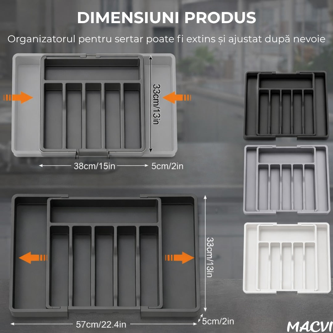 Organizator extensibil Macvi® 8 compartimente, pentru sertar, Sistem modular pentru tacamuri si ustensile de bucatarie, Alb