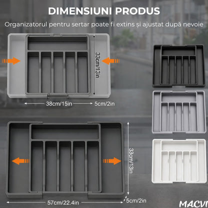 Organizator extensibil Macvi® 8 compartimente, pentru sertar, Sistem modular pentru tacamuri si ustensile de bucatarie, Alb