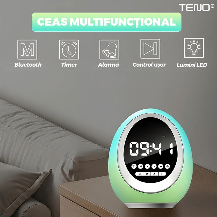 Ceas Desteptator Multifunctional Teno®, Bluetooth, functie de alarma, functie de radio, lumini RGB, autonomie ridicata, oval