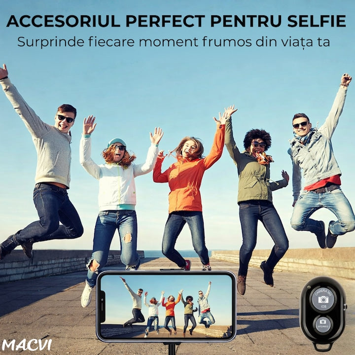Telecomanda selfie Control fara fir Macvi® compatibilitate cu smartphone-uri iOS si Android, conectivitate Bluetooth 4.0, dimensiuni 5 cm x 2 cm x 1 cm