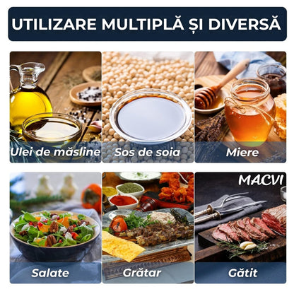 Sticla pentru ulei Macvi® cu pensula din silicon, scala precisa, rezistenta la caldura, usor de curatat, ideala pentru gatit, copt si grill, Multicolor