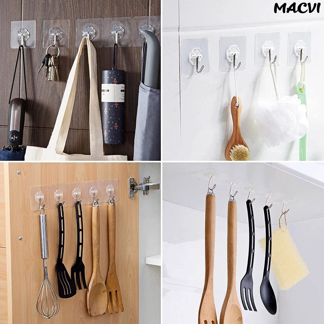 Set 10 carlige autoadezive Macvi® transparente pentru prosoape, impermeabile, ABS durabil, 180° rotative, fixare puternica si reutilizabila, pentru baie, bucatarie si dormitor