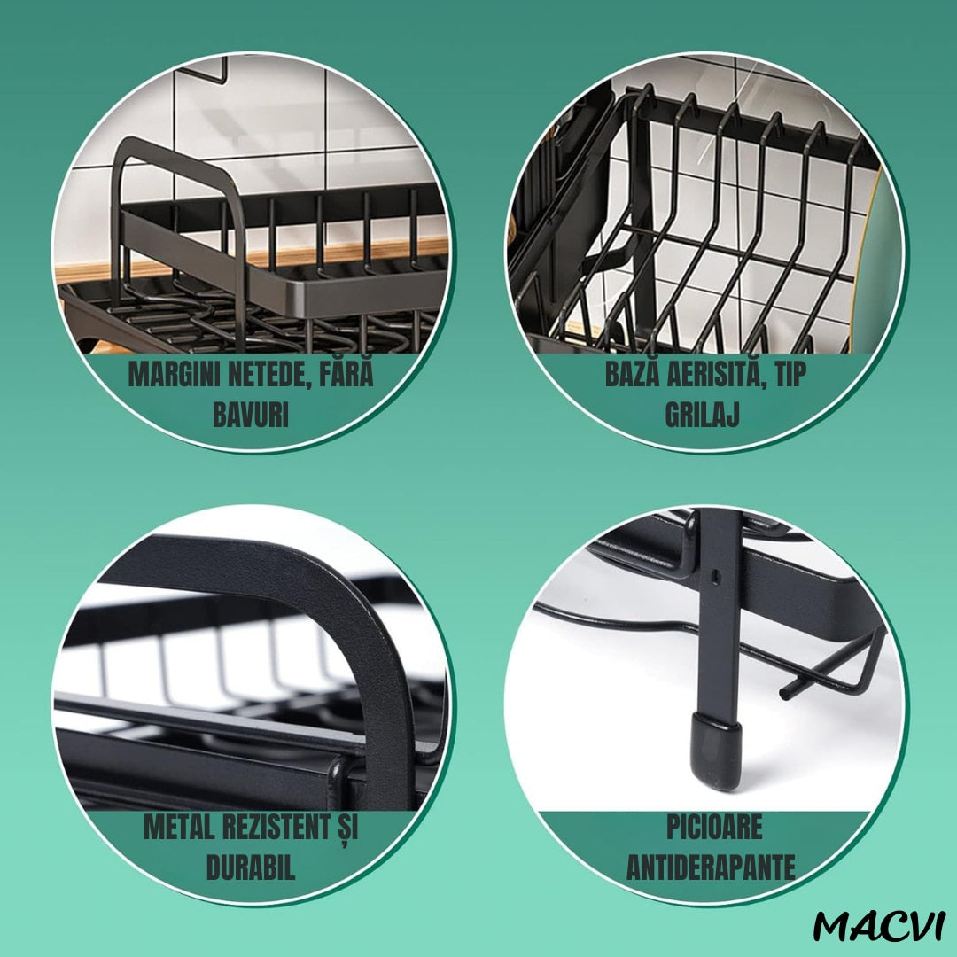 Uscator de vase supraetajat Macvi®, 2 niveluri, suport pentru tacamuri si pahare, tava scurgere, metal rezistent, 42x30x29 cm, negru