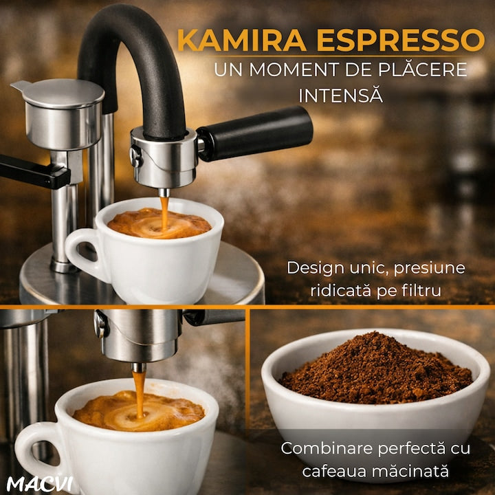Espressor manual Kamira MACVI®, din inox 100%, presiune 4-5 bari, portabil, fara curent, filtru de inox pentru 1 ceasca cafea, compatibil aragaz si resou