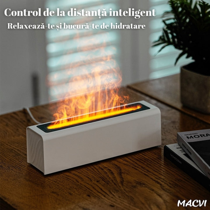 Umidificator de aer inteligent Macvi® 3D cu efect de flacara, aromaterapie, rezervor 200 ml, LED multicolor, silentios, portabil USB, cu telecomanda si 3 moduri de functionare, Alb