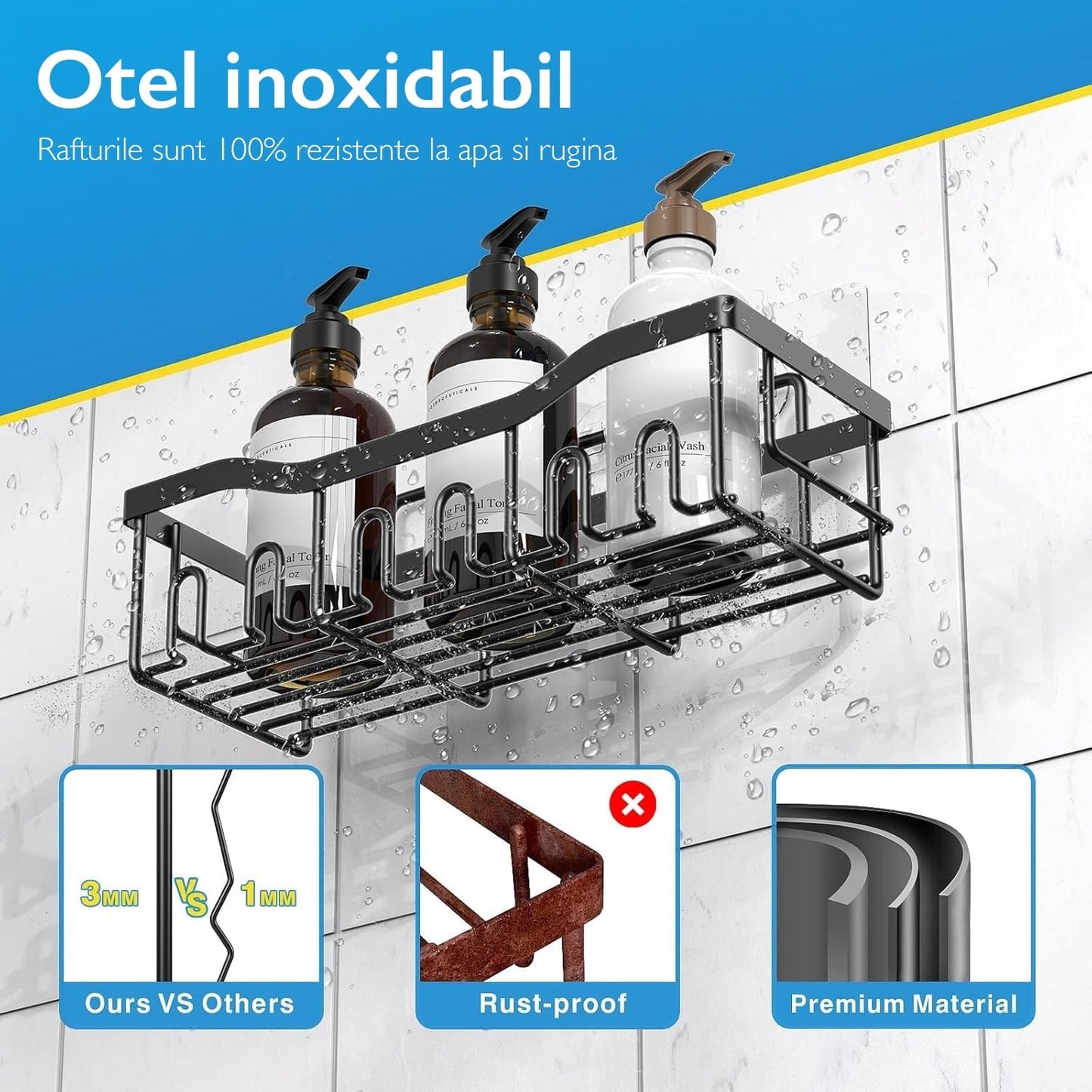 Set 5 Rafturi Organizatoare Macvi® pentru Baie si Bucatarie, Inox Negru, Montaj Fara Gauri, Suport Sapun, Periute si Gel de Dus, Design Modern si Durabil