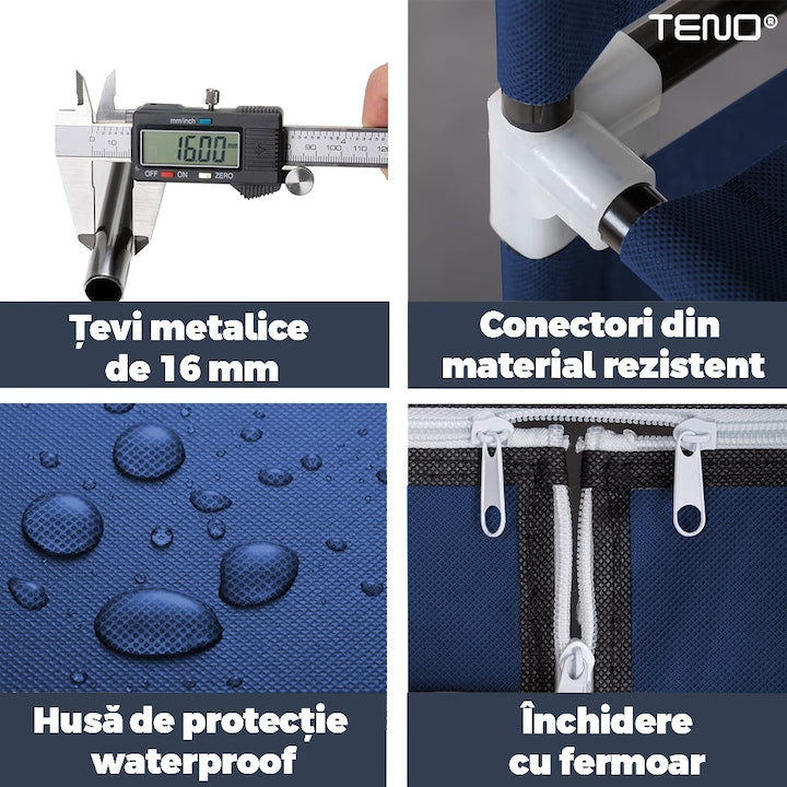 Dulap din Material Textil pentru Haine si Incaltaminte Teno®, impermeabil, 8 rafturi, inchidere fermoar, suport umerase, cadru otel, 170 cm, albastru