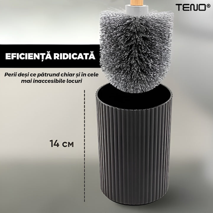 Set 6 Accesorii de Baie Teno®, dispenser de sapun, suport de periute, perie de toaleta, suport sapun, cos de gunoi, detalii din bambus, materiale rezistente, design minimalist, striatii, negru
