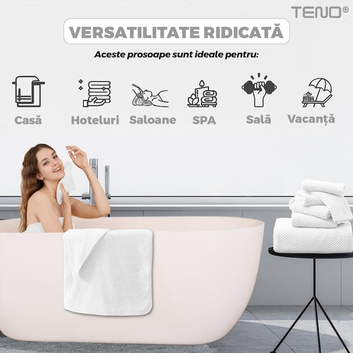 Prosop de baie si de fata Teno®, pentru uz rezidential/hotel/calatorii, densitate 420g/m², model egiptean, bumbac 100%, dimensiuni 50x90 cm, alb