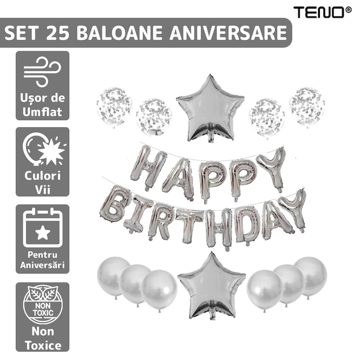 Set 25 Baloane Teno®, Litere, pentru Petreceri/Aniversari/Evenimente, confetti, stelute, model HAPPY BIRTHDAY, argintiu