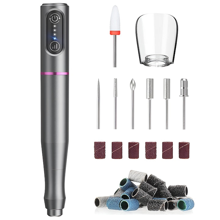 Pila Electrica Profesionala pentru Unghii Teno®, freza wireless, 20000 RPM, indicator LED, manichiura-pedichiura, 6 capete pentru pila, 60 benzi de slefurie, portabila, gri