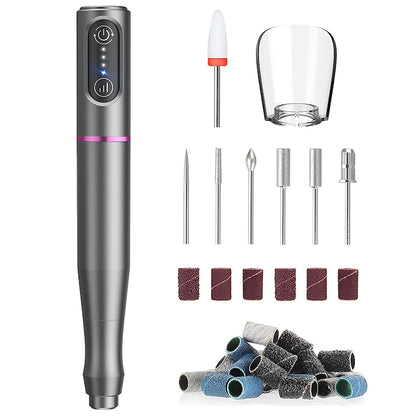 Pila Electrica Profesionala pentru Unghii Teno®, freza wireless, 20000 RPM, indicator LED, manichiura-pedichiura, 6 capete pentru pila, 60 benzi de slefurie, portabila, gri
