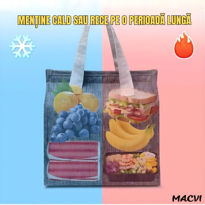 Geanta termoizolanta Macvi® multifunctionala, pentru birou, picnic sau camping, 22.5x13x25.5 cm, material premium, design gri