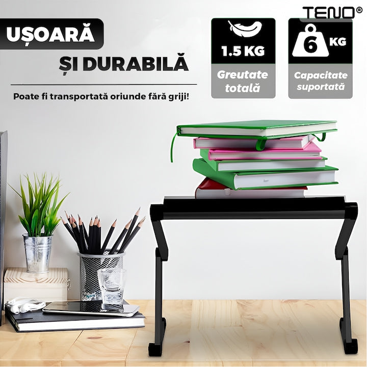 Masuta pentru Laptop 2 in 1 Teno®, reglabila pe inaltime, fante de aerisire, suport reglabl pentru mouse, multifunctionala, versatila, 42 x 26 cm, negru