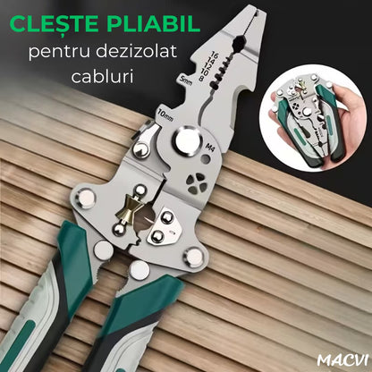 Patent multifunctional Macvi® 12-in-1 cu sertizor pentru cabluri cleste pliabil din otel pentru dezizolare, taiere si sertizare fire, design ergonomic pentru lucrari electrice