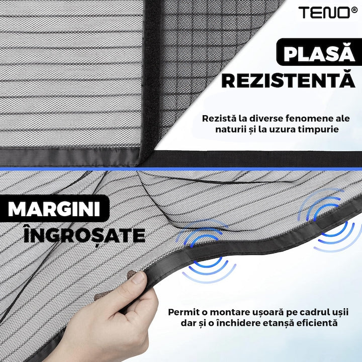 Plasa pentru Usa cu Inchidere Magnetica Teno®, anti-insecte, tanrari, muste, paianjeni, montare velcro, materiale calitative, rezistenta, 185x104 cm, negru