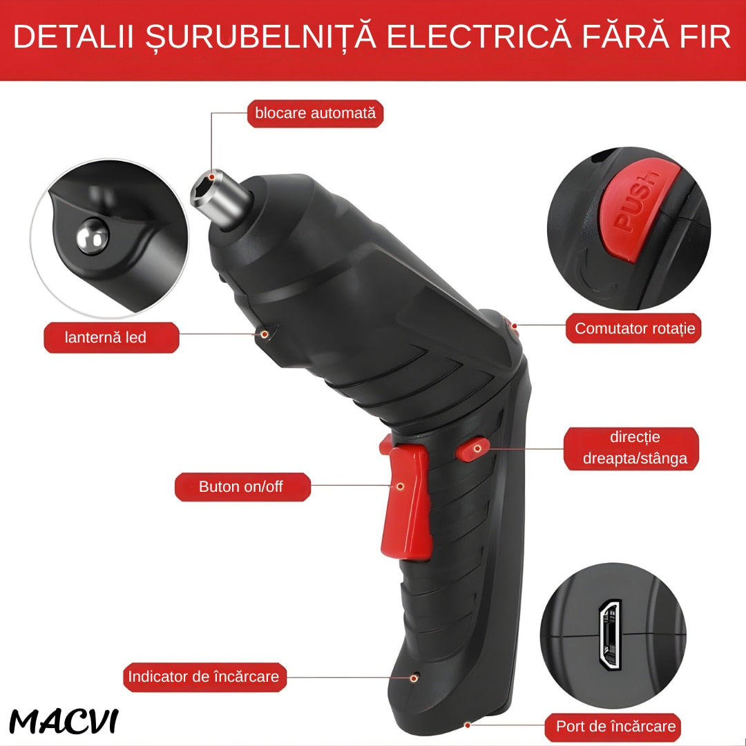 Surubelnita Electrica Portabila Macvi®, 47 Piese Acumulator Reincarcabil Maner Rotativ 90-180° Set Biti si Capete Tubulare Trusa Transport Negru