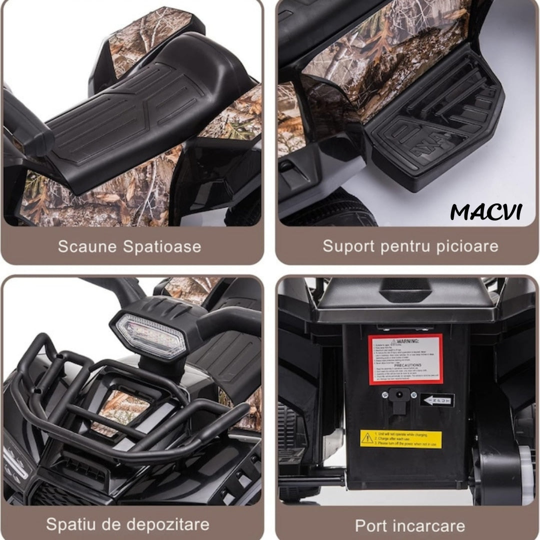 ATV Electric MACVI® pentru Copii cu Motor 6V si Baterie Reincarcabila, Potrivit 18-36 Luni, Control Simplu si Siguranta Sporita, Negru