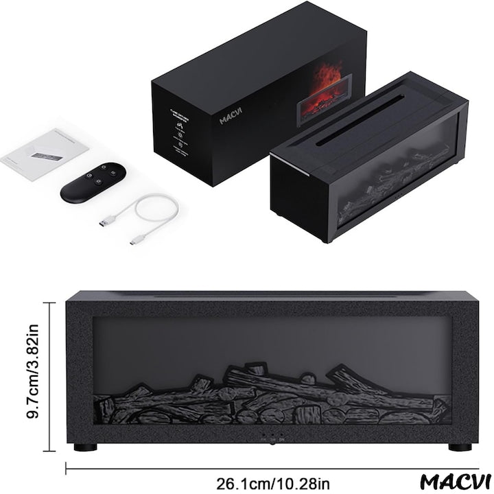 Umidificator de aer inteligent Macvi® 3D cu efect de flacara, aromaterapie, rezervor 200 ml, LED multicolor, silentios, portabil USB, cu telecomanda si 3 moduri de functionare